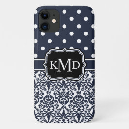 Trio Monogrammed Navy Damask iPhone 11 Hoesje