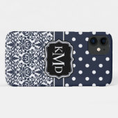 Trio Monogrammed Navy Damask Case-Mate iPhone Case (Achterkant (horizontaal))