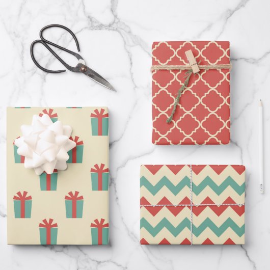 Trio Retro kerstkaarten Inpakpapier Vel (Voorkant)