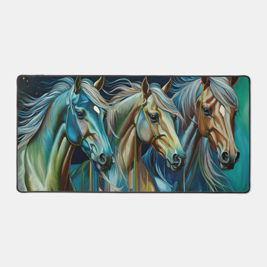 Trio van Paarden Blauwgroen blauw groen bruin Bureaumat (Voorkant)
