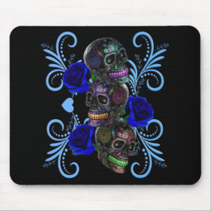 Triple Black Day Of The Dead Schedels Blauwe Rozen Muismat
