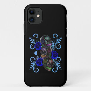 Triple Black Day of the Dead Skulls Blue Rozen iPhone 11 Hoesje