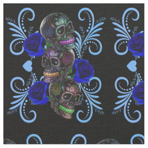 Triple Black Day of the Dead Skulls Blue Rozen Stof
