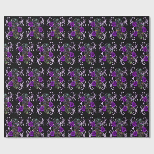 Triple Black Day of the Dead Skulls Paarse Rozen Cadeaupapier (Vlak)