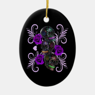 Triple Black Day of the Dead Skulls Paarse Rozen Keramisch Ornament