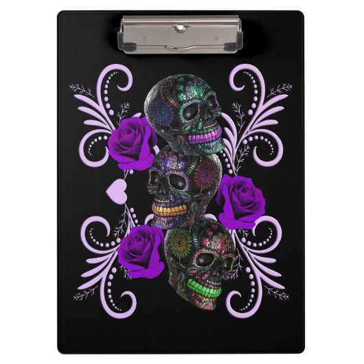 Triple Black Day of the Dead Skulls Paarse Rozen Klembord (Voorkant)