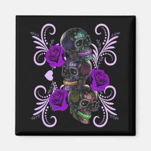 Triple Black Day of the Dead Skulls Paarse Rozen Magneet