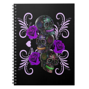 Triple Black Day of the Dead Skulls Paarse Rozen Notitieboek