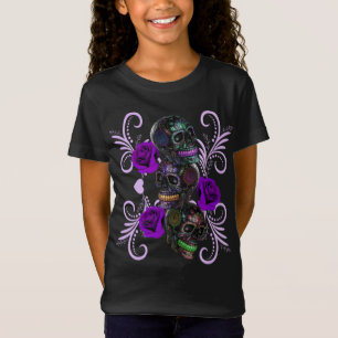 Triple Black Day of the Dead Skulls Paarse Rozen T-shirt
