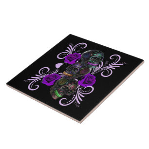 Triple Black Day of the Dead Skulls Paarse Rozen Tegeltje