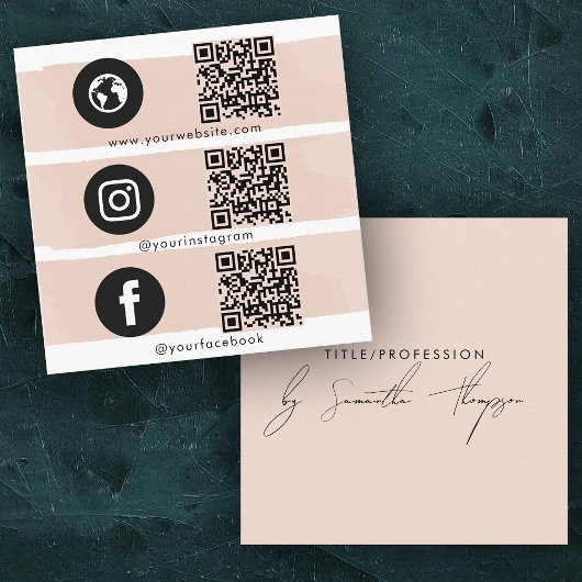 Triple Icon QR Code Social Media Blush Pink Vierkante Visitekaartje