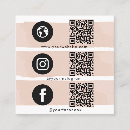 Triple Icon QR Code Social Media Blush Pink Vierkante Visitekaartje (Voorkant)