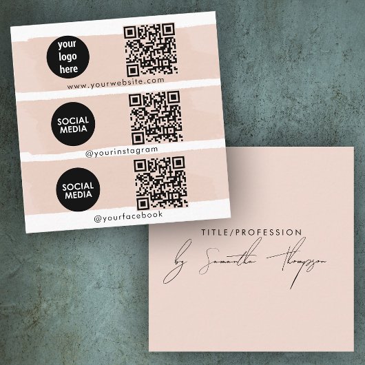 Triple Icon QR Code Social Media Logo Blush Pink Vierkante Visitekaartje