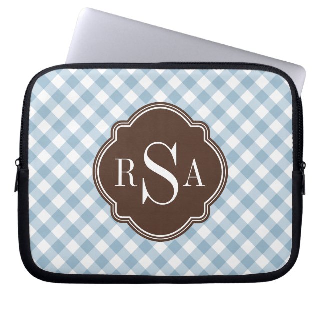 Triple Monogram Brown Blue Gingham Pattern Laptop Sleeve (Voorkant)