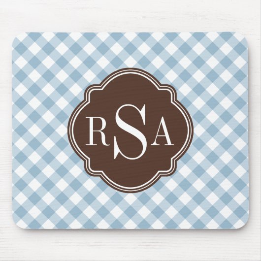Triple Monogram Brown Blue Gingham Pattern Muismat (Voorkant)