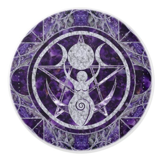 Triple Moon - Goddess - Amethyst en Silver Keramische Knop (Voorkant)