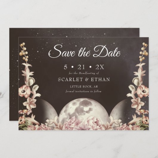 Triple Moon Phase Boho Floral Handfasting Save The Date (Voorkant / Achterkant)