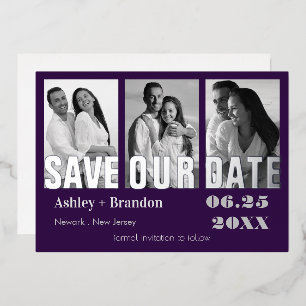 Triple Photo Purple, Grey VRAI Foil Invitation