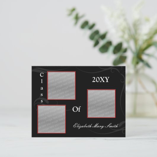 TRIPLE PHOTO rood Afstuderen Uitnodiging (Staand voorkant)