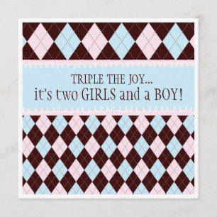 Triple the Joy Argyle Boy Girl Baby shower Kaart