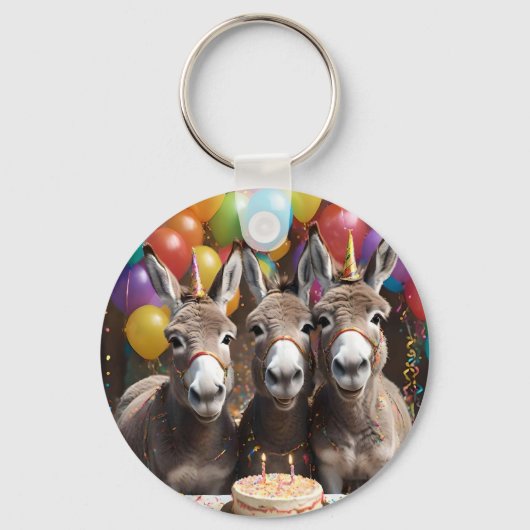 Triple the Joy: een ezel Triplets 'Verjaardag Bash Sleutelhanger (Voorkant)