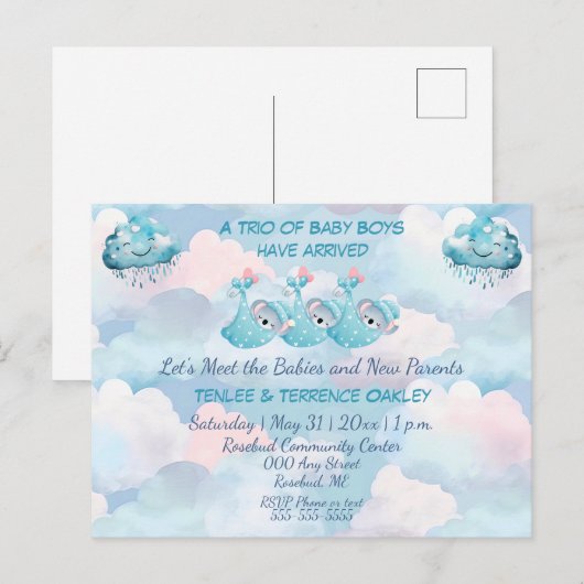 Triplet Baby Boys Blue Shower Invitation Postcard (Devant / Derrière)