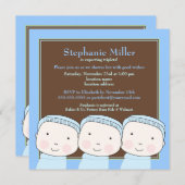 Triplet Boys Blue 3 Baby shower Invitation (Devant / Derrière)