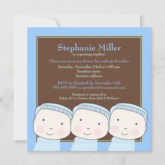 Triplet Boys Blue 3 Baby shower Invitation (Devant)