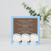 Triplet Boys Blue 3 Baby shower Invitation Kaart (Staand voorkant)