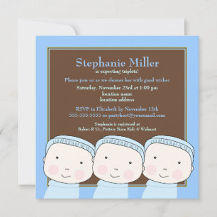 Triplet Boys Blue 3 Baby shower Invitation Kaart