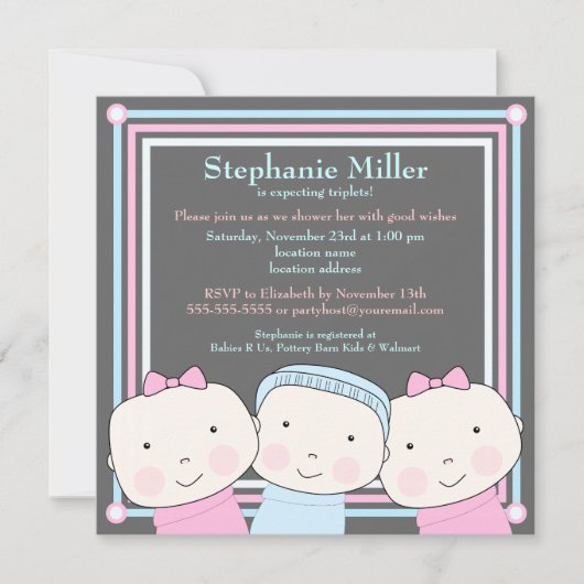 Triplet Girl Boy Pink Blue Baby shower Invitation (Devant)