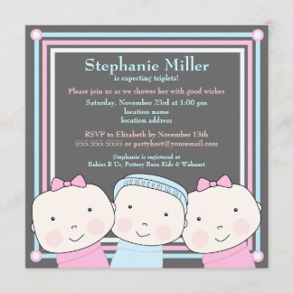 Triplet Girl Boy Pink Blue Baby shower Invitation