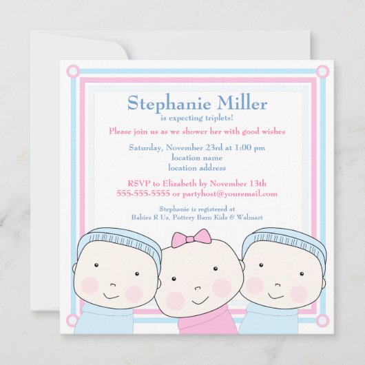 Triplet Girl Boy Pink Blue Baby shower Invitation (Devant)