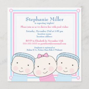 Triplet Girl Boy Pink Blue Baby shower Invitation