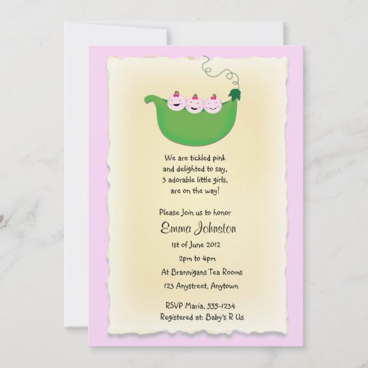 Triplet Girl Peas in een baby shower Pod nodigt ui Kaart (Voorkant)