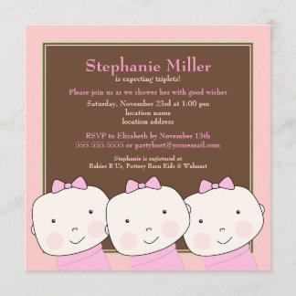Triplet Girl Pink Invitation Baby shower Brown