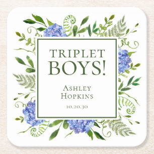 Triplet Jongens Blauwe Hortensia Baby Shower Vierkante Kartonnen Onderzetter