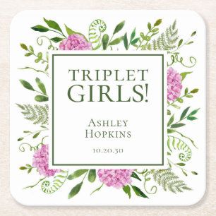 Triplet Meisjes Roze Hydrangeas Meisje Baby shower Vierkante Kartonnen Onderzetter
