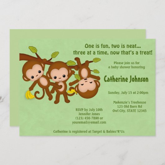 TRIPLET Monkeys Baby Showbacks Invitations VERT MM (Devant / Derrière)