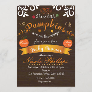 Triplets 3 PUMPKINS Autumn BABY SHOWER Invitation Kaart