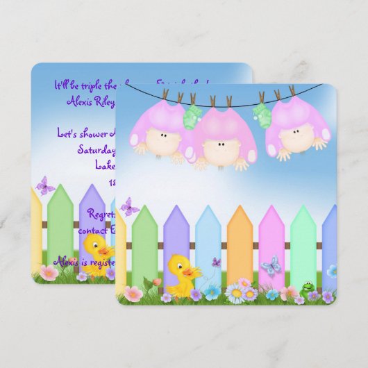 Triplets Baby Meisje Douche Kaart (Voorkant / Achterkant)