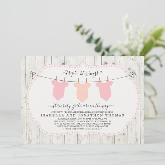 Triplets Baby shower Invitation - 3 filles (Debout devant)