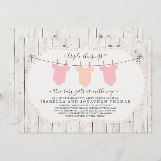 Triplets Baby shower Invitation - 3 filles (Devant / Derrière)
