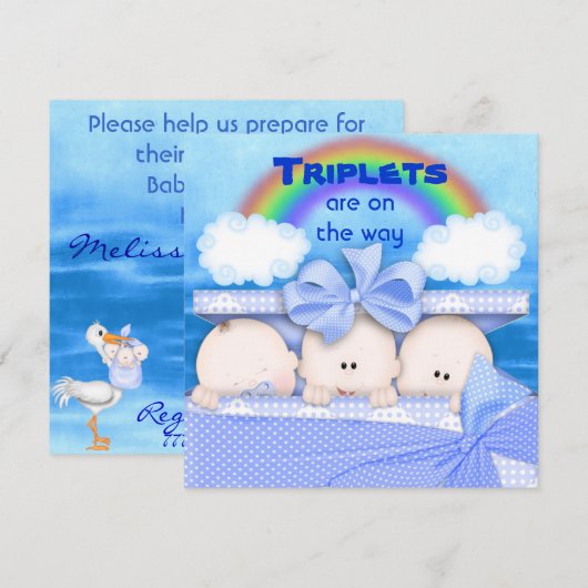Triplets BOY Baby shower Invitation Kaart (Voorkant / Achterkant)