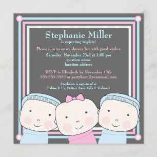 Triplets Girl Boy Pink Blue Baby shower Invitation Kaart