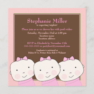 Triplets Girl Pink Brown Baby shower Invitation Kaart
