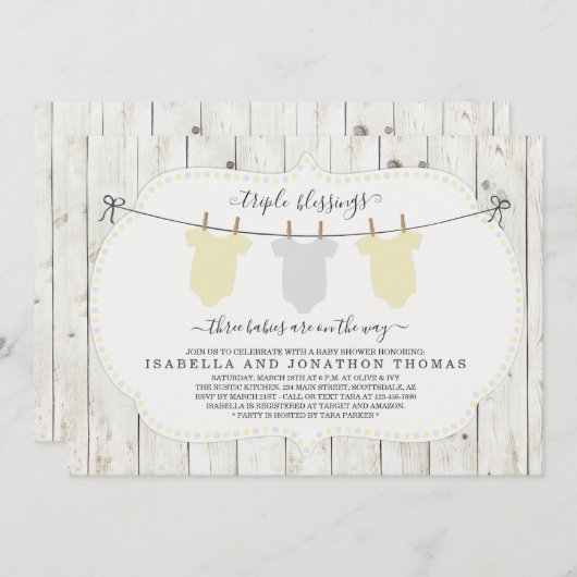 Triplets Invitation Baby shower - Neutre hommes-fe (Devant / Derrière)