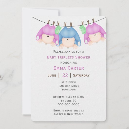 Triplets op Clothesline Baby shower Invitation Kaart (Voorkant)