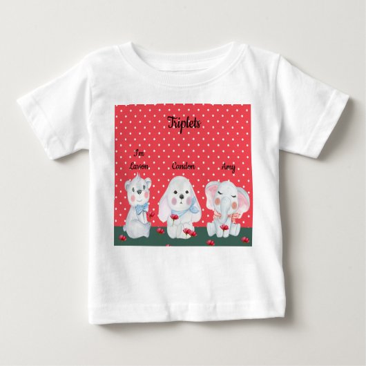 Triplets Tee Shirt for Boy in Red met dieren (Voorkant)