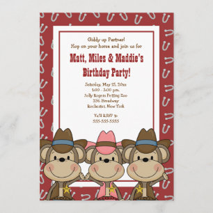 TRIPLETS Westerne Cowboy Monkeys 5x7 Birthday Kaart